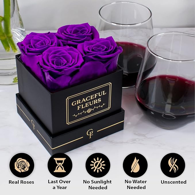 Graceful Fleurs | Real Long Lasting Roses for Years | Preserved Fresh Flowers for Delivery Birthday | Birthday Gifts for Women | Forever Roses in a Box (Purple, Black Box, 4 Roses)