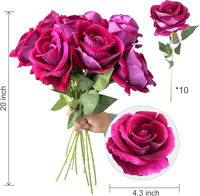 10-Pcs Artificial Rose Bouquets Faux Flowers with Flannel and Silk-Like Touch Highly Realistic Handmade Ideal for Home Office Wedding Hotel Festival Party Decorations Gifts Props (Fuchsia)