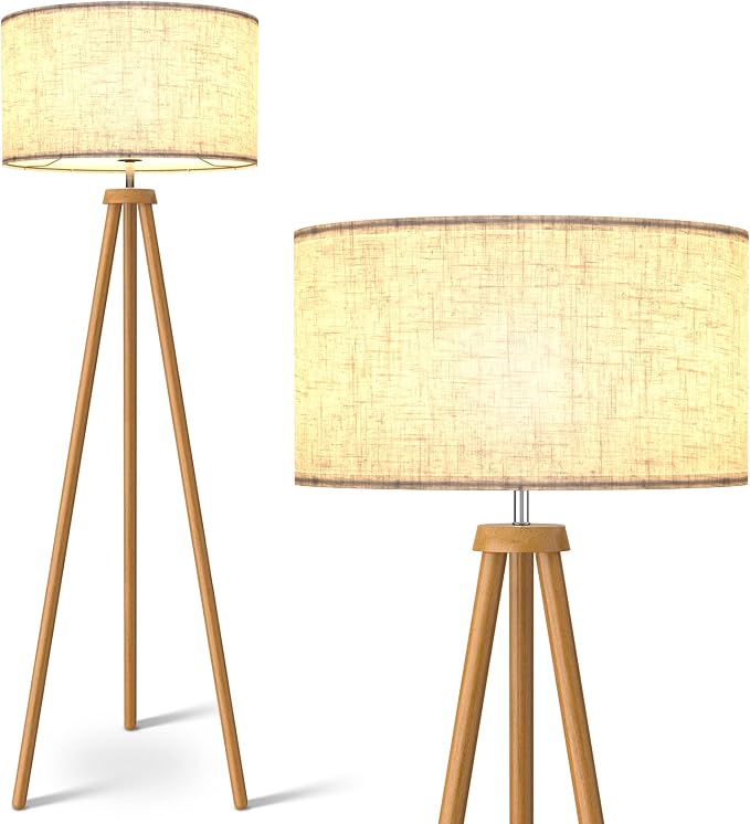 LEPOWER Wood Tripod Floor Lamp, Mid Century Standing Lamp for Living Room, Flaxen Lamp Shade, Modern Design Lamp with E26 Base, Tall Floor Light for Bedroom, Study and Office Brown
