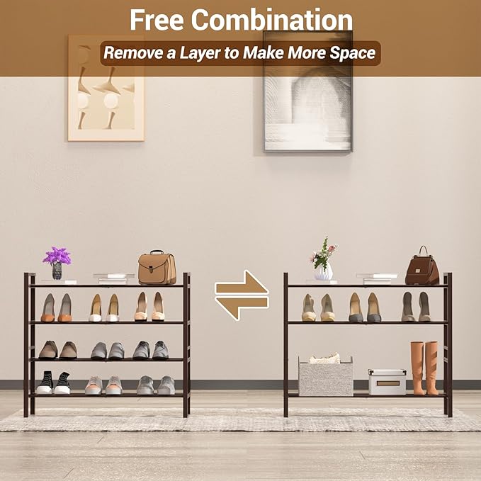 Haddockway Bamboo Shoe Rack for Closet, Free Standing Shoe Organizer with Smooth Round Rods & Convenient Handles, Stackable Shoe Storage Shelf for Entryway, Hallway(Brown, 4-Tier)