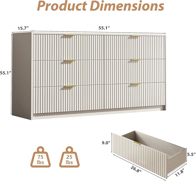 3-Piece Dresser Bedroom Set, 6 Drawer Dresser & 3 Drawer Nightstands with Gold Handles, Fluted Wood Chest of Drawers for Bedroom, Living Room, Entryway, Beige