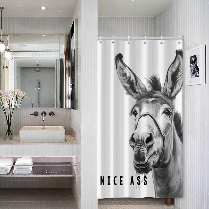 Funny Donkey Shower Curtains Joke Hilarious Animal Bathroom Curtain Rustic Farmhouse Cute Donkey White Shower Curtain Sets for Bathroom Extra Long 54x72 in with 10 Hooks