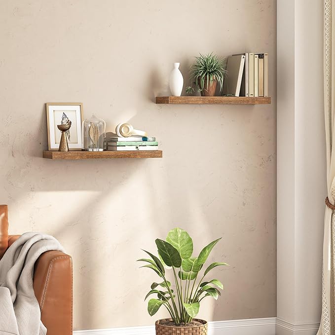 HOOBRO Floating Shelves for Wall, Wall Mounted Shelf Set of 2, 31.5" Hanging Shelf with Invisible Brackets, for Wall Storage in Bathroom Bedroom Kitchen Living Room Office, Rustic Brown BF80BJP201