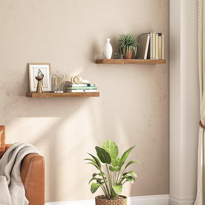 HOOBRO Floating Shelves for Wall, Wall Mounted Shelf Set of 2, 23.6" Hanging Shelf with Invisible Brackets, for Wall Decor Storage in Bathroom Bedroom Kitchen Living Room Office, Rustic Brown BF60BJ01