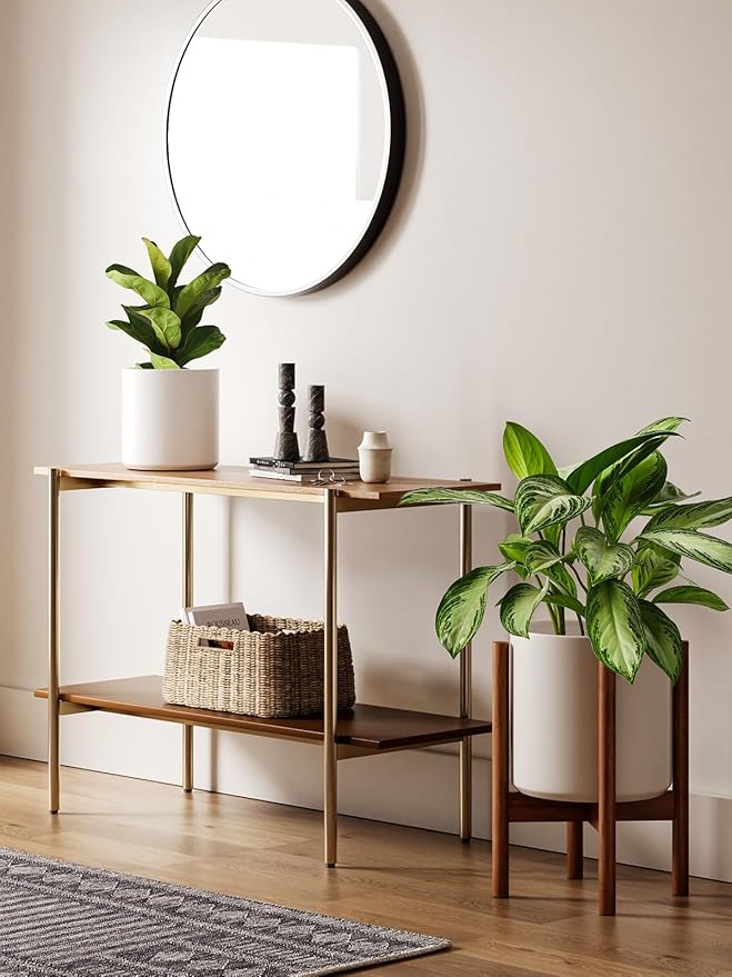 LE TAUCI Indoor Planter with Stand, 10 + 8 Inch, Set of 2, Ceramic Pot for Indoor Plants with Acacia Wood Holder, Mid-Century Modern Home Decor, Round Flower Pots with Drainage Hole, White