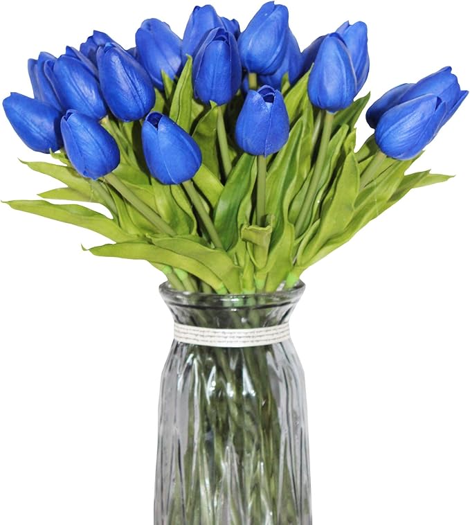 Artificial Flowers 10 Heads Mini Real Touch Artificial Tulip for Home Wedding Party Centerpiece Decoration (Sapphire Blue)
