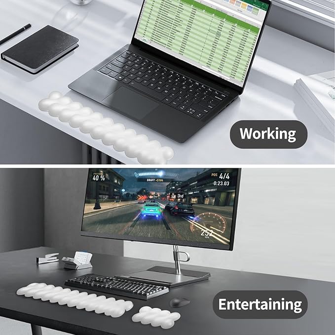 Wrist Rest for Keyboard and Mouse, Upgrade Enlarge Mouse Pad Wrist Rest, Ergonomic Memory Foam, Non-Slip Base for Computer Gaming & Office Work, 2 Piece Set, Clouds White (17.71x3.15+6.29x3.15 inch)