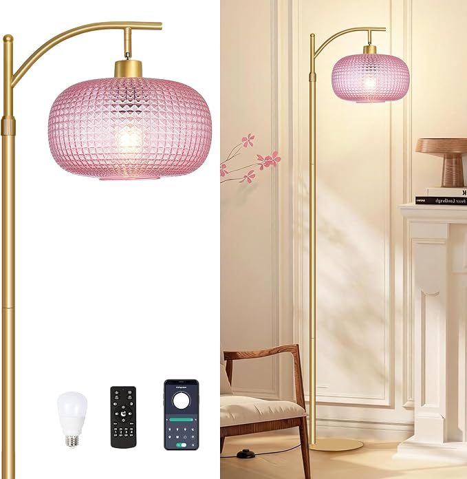 Pink Glass Floor Lamp for Living Room,Bedroom,Gold Dimmable Standing Lamp with Remote,Mid Century Modern Brass Tall Lamp Boho Floor Lamps Arc Stained Glass Flower Floor Light Lamp Girls kids Bohemian