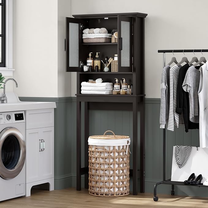 Over The Toilet Storage Cabinet, Over Toilet Bathroom Organizer with Glass Doors and Adjustable Shelf, Thicken Frame Above Toilet Storage Cabinet Behind Toilet Bathroom Organizer, Espresso