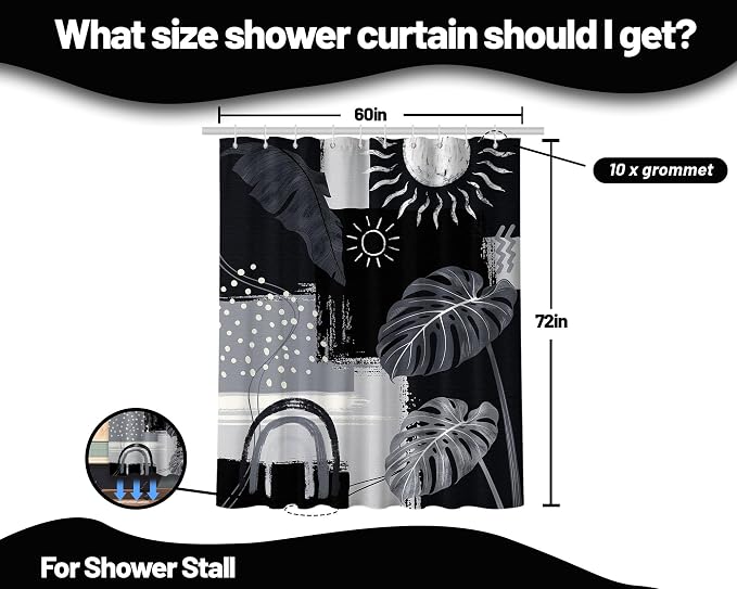 Black and Gray Mid Century Modern Shower Curtain Bohemian Abstract Dark Black and Grey Shower Curtains for Bathroom Decor Sets, Waterproof Cloth Fabric with Hooks, 60x72 Inch