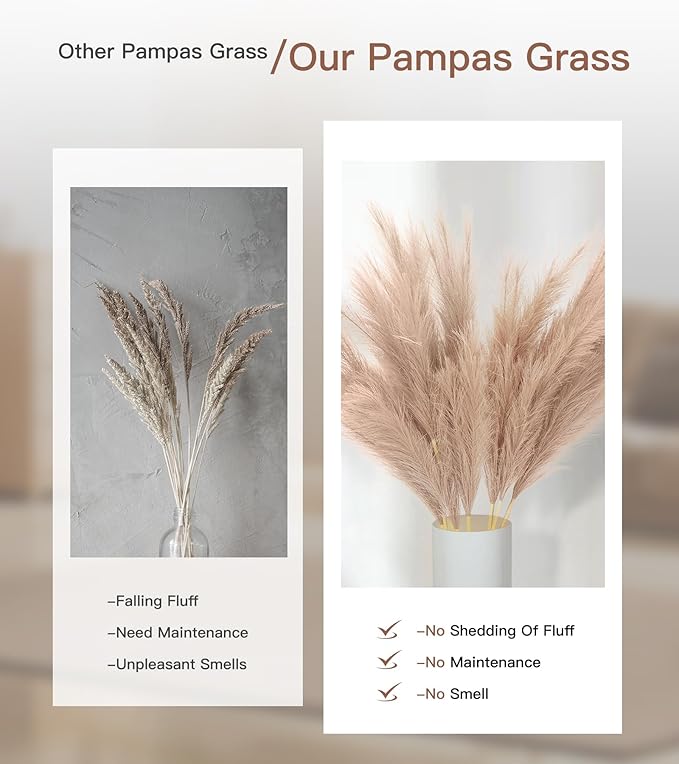 9 Pcs 45" Tall Pampas Grass Brown Decor, Long Stem Artificial Flower Floor Vase Large Faux Floral Pompas Fake Plants Dried Bouquet Arrangement Vase Filler for Boho Home Wedding Decoration