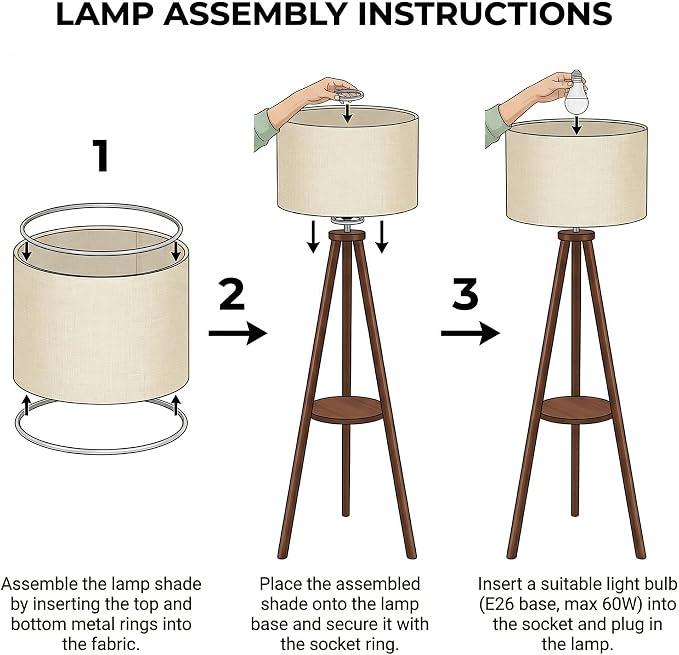 Modern Floor Lamp with White Drum Shade, Wood and Metal Construction, Adjustable Height, for Living Room, Bedroom, Office