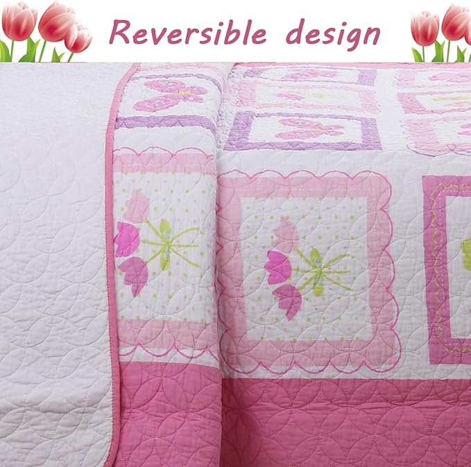 Cozy Line Home Fashions Pink Butterfly Tulip Floral Print Girl 100% Cotton Reversible Quilt Bedding Set, Coverlet, Bedspread (Twin - 4 Piece)