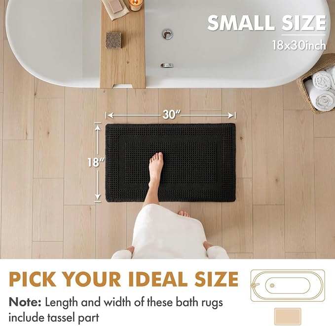 MIULEE Set of 2 Waffle Bathroom Rugs, Boho Bath Rug Super Absorbent, Non Slip Washable Ultra Soft Rubber Backed Shower Bath Mats for Floor, Tub, Shower, Looped Design, Black, 18x30 Inch
