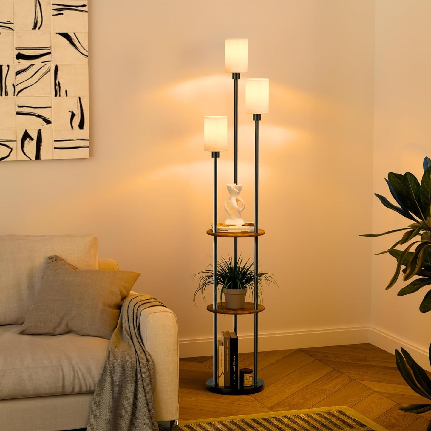 Skiennix Rustic Floor Lamp - 3-Light Standing Lamp with Shelves & Foot Switch | 71" Tall, Black-Liner