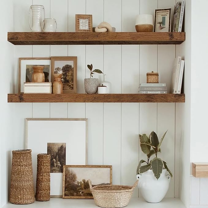 QEEIG Floating Shelves for Wall 35.4" Long - Wall Mounted Shelf Bathroom Kitchen Living Room Bedroom Farmhouse Home Decor Display Bookshelf Large 35.4 x 9.3 inch Set of 2, Rustic Brown (008-90BN)