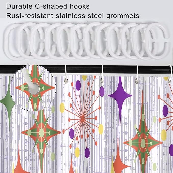 Mid Century Shower Curtain, 72x78inch, Modern Abstract Retro Purple Striped Geometric Shower Curtain Sets 1950s Boho Bathroom Shower Curtain with 12 Hooks