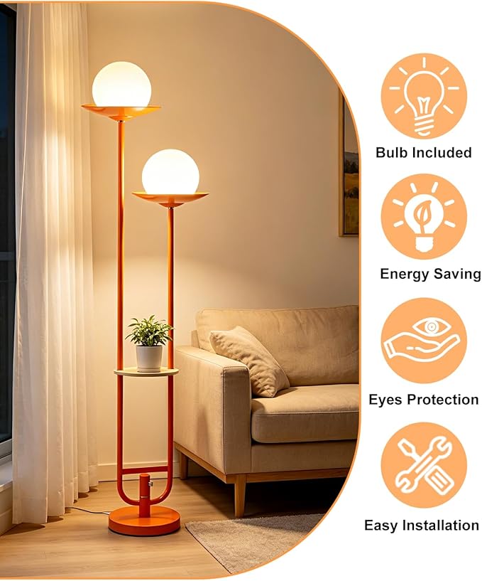 63IN Globe Floor Lamp with Shelf 2-Lights Modern Dimmable Floor Lamps with 3000K Soft Warm White Bulbs for Wedding/Party, Orange Tall Standing Lamp for Living Room/Bedroom/Home Office