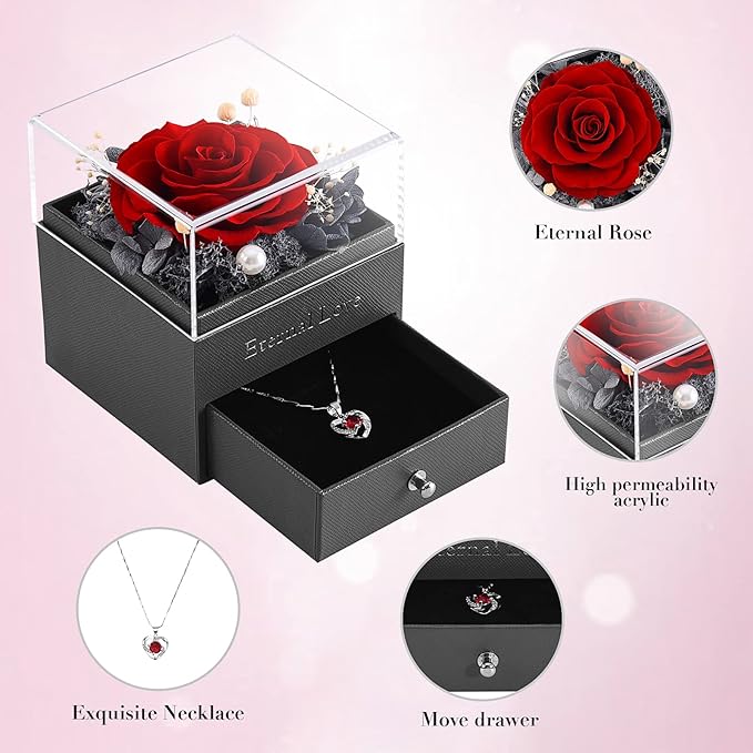 SHOKUTO Preserved Rose,Birthday Gifts for Women Mom Girlfriend,Gifts for Mom Grandma Wife Daughter Sister,Jewelry Boxes with Necklace