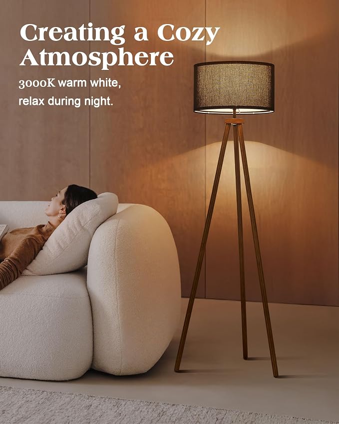 ELYONA Wood Tripod Floor Lamp Modern Standing Lamp with Black Drum Shade, Industrial Tall Reading Lamp for Office Living Room Bedroom, ETL Listed Walnut & Black, 3 Color Temperatures LED Bulb Include