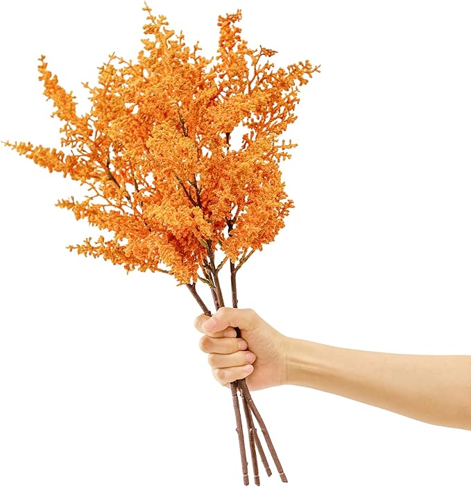 WELL KNOWN 4 Pcs Glitter Artificial Cedar Spray 19.5" Orange Floral Picks Faux Cedar Pine Branches Stems, Orange Floral Arrangements for Home Vase Wedding Wreath Xmas Tree Holiday Decoration Gift