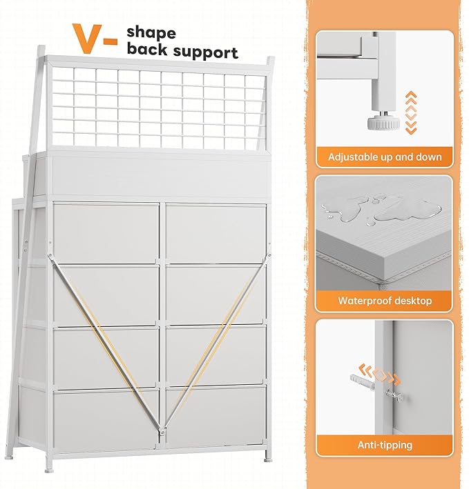 51" H Dresser for Bedroom with LED, 11 Drawer Dresser with Wire Grid Panels & Open Shelves for Entryway, Dorm, White+Gold, 11.8" D x 33.9" W x 51.2" H