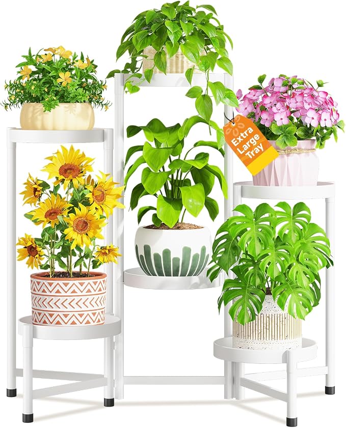 LASZOLA 6 Tiered Folding Plant Stand Indoor for Multiple Large Planter, Tall Heavy Duty Adjustable Rack with Rust Proof 10 Inch Wide Tray, Sturdy Vertical Tree Organizer for Narrow Inside Floor, White