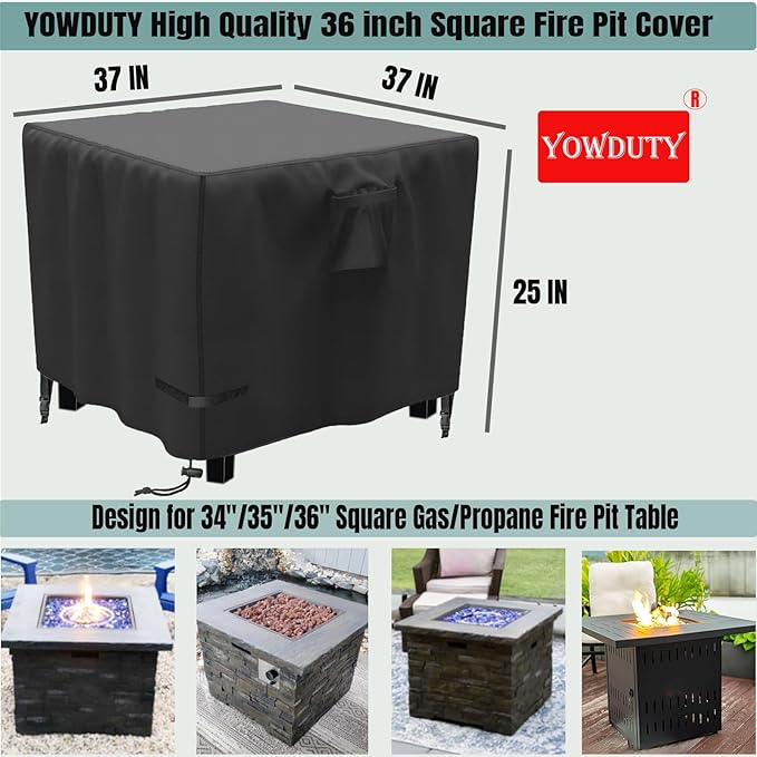 YOWDUTY Propane Fire Pit Cover Square 36x36x25 Inch, Waterproof Heavy Duty 600D Patio Gas Fire Table Cover 36 Inch, Fit 34/35/36 Inch Firepit Table, All-weather Protection For Outdoor Fireplace