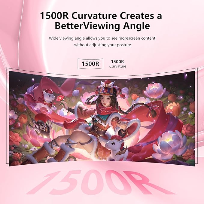 Pink 27 inch Curved Gaming Monitor 100Hz,FHD 1080P,1500R LED Display,Pink Computer Monitor,3ms (MPRT),FreeSync,Eye-Care Technology, DP, HDMI Port for Gaming Home Office,VESA(75mm×75mm)