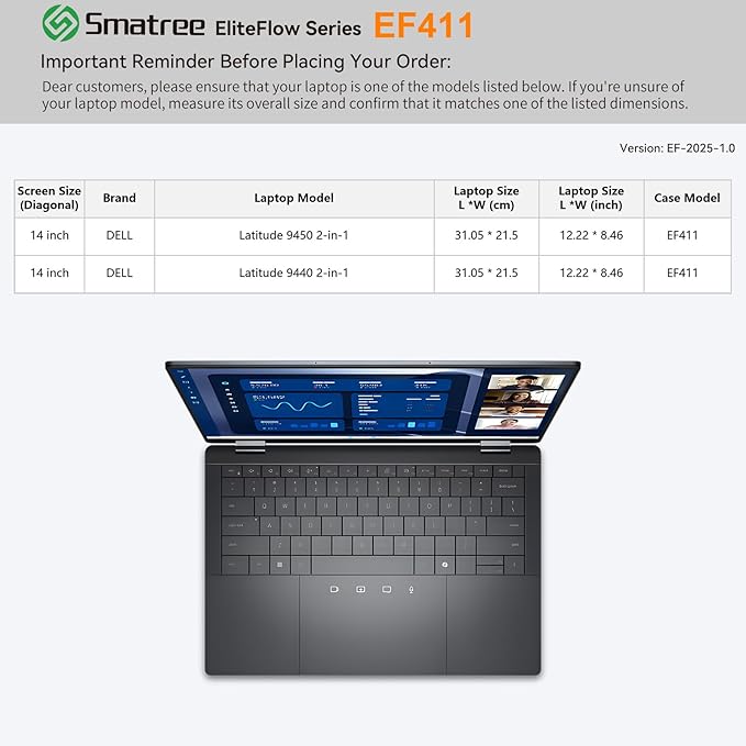 Smatree EliteFlow Laptop Sleeve Case for 14 inch DELL Latitude 9440/9450 2-in-1, Slim Protective Laptop Case with Accessory Pocket and Handle, Patented Super-Corner Shock Protection (EF411)
