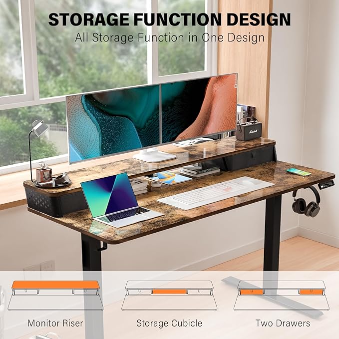 Electric Standing Desk with 2 Drawers 48''x 24'' Adjustable Height Sit to Stand Up Desk with Storage Shelf C-Clamp Mount Compatible Home Office Desks Computer Gaming Table Ergonomic Workstation