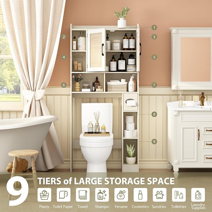 RUSTOWN Rattan Over The Toilet Storage Cabinet,Boho Over Toilet Bathroom Organizer with 2 Doors & Adjustable Shelves,Modern Above Toilet Rack with Toilet Paper Holder for Bathroom (Vintage White)