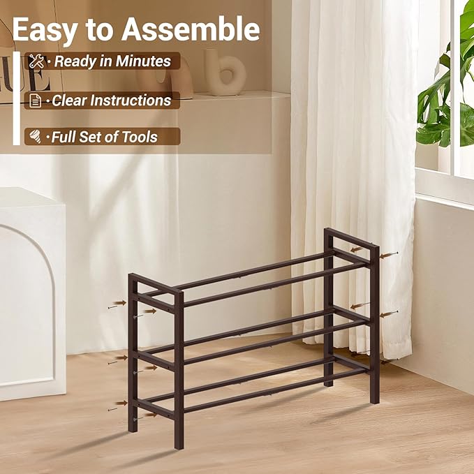 Haddockway Bamboo Shoe Rack for Closet, Free Standing Shoe Organizer with Smooth Round Rods & Convenient Handles, Stackable Shoe Storage Shelf for Entryway, Hallway(Brown, 3-Tier)