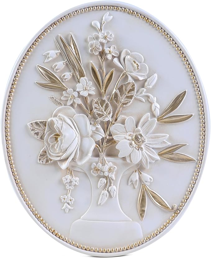 SIKOO Vintage Wall Sculptures White Flower Wall Art Hand Painted Ornate Wall Hanging Decoration Antique Pediment Wall Statue Ornament Decor Gallery for Kitchen Bedroom Living Room