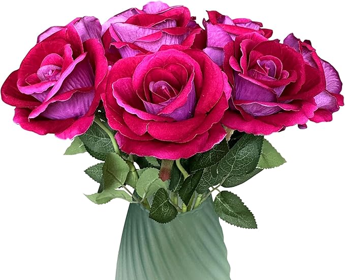 10-Pcs Artificial Rose Bouquets Faux Flowers with Flannel and Silk-Like Touch Highly Realistic Handmade Ideal for Home Office Wedding Hotel Festival Party Decorations Gifts Props (Fuchsia)