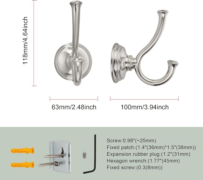 TUNNY Towel Hook Bathroom-2 Pack Brushed Nickel Double Robe/Towel Hook Wall Mounted Hook for Bathroom Bedroom Kitchen