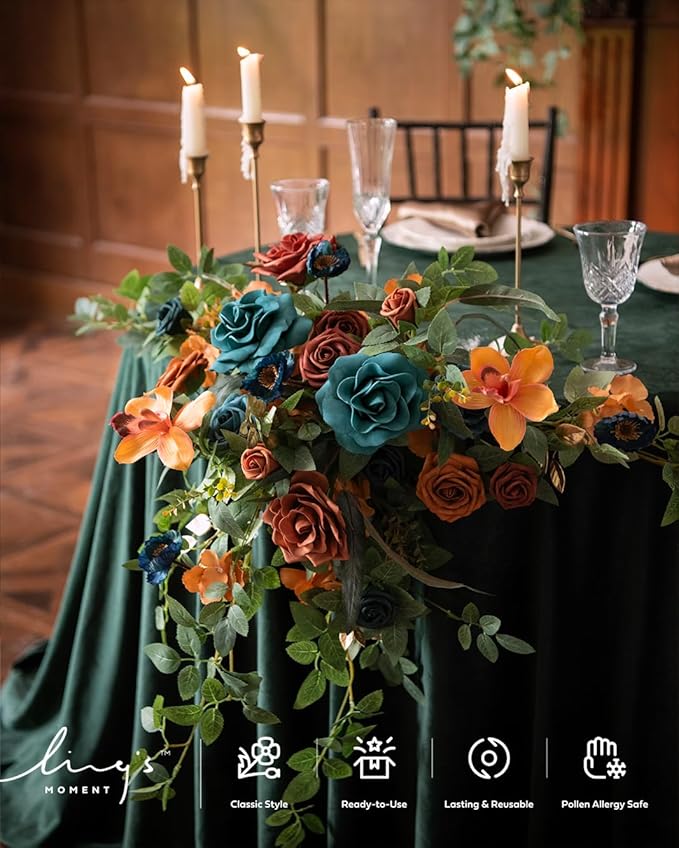 Ling's moment 9FT Flower Garland for Backdrop Decoration - Fall Wedding Arch Flowers, Eucalyptus & Rose, Artificial Floral Garland for Mantle - Sweetheart Table Decor for Ceremony, Teal & Orange