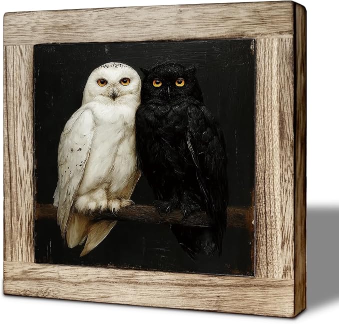 Vintage Owl Pair Wooden Desktop Sign, Dark Academia Owl Bird Wood Plaque Tabletop Decor, Gothic Woodland Wildlife Wooden Sign for Bedroom Living Room Office Shelf