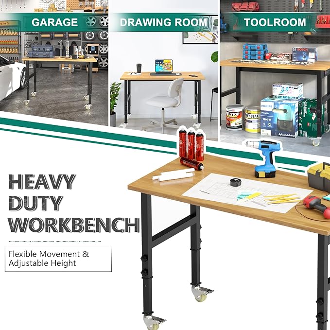 Adjustable Heavy Duty Workbench with Wheels,Rubber Wood Top Working Table, 2500 LBS Load Capacity with for Workshop and Office,etc.