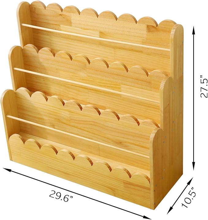 Scalloped Design | 3-Tier Montessori Solid Wood Kids Bookcase | 29.6" Wide Toddler Storage Shelf | Easy Access Floor Display Furniture for Playroom/Nursery