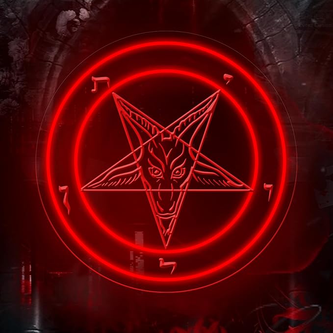 Pentagram Baphomet Satan Neon Sign, Gothic Baphomet Neon Light, Black Goat LED Sign, Gothic Home Decor Sign for Halloween Wall Art, 3D Engraved Neon Sign For Dorm College Party Christmas Gifts