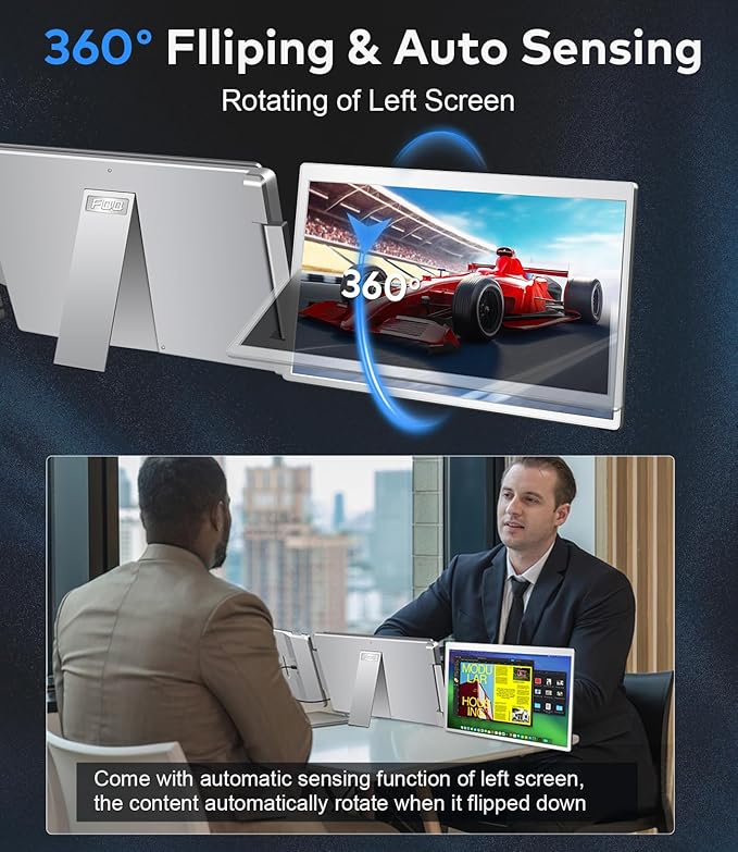 FQQ 15.6" Laptop Screen Extender, Left Screen 360° Flip Triple Screen Monitor Extender, FHD 1080P IPS Portable Travel Monitor Display, fit for 12–18.5" Laptops, Compatible with Windows and MacBook-S10