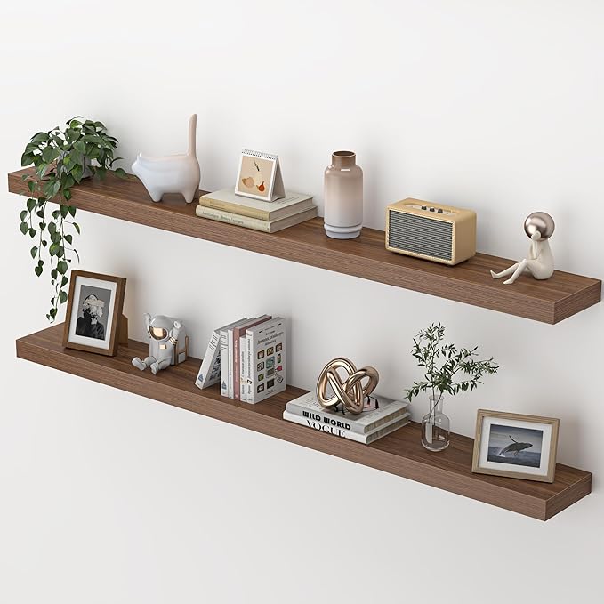Heimlove 55 Inch Floating Shelves for Wall,Extra Long Mounted Storage wall Shelves with Invisible Metal Bracket for Bedroom Living Room Kitchen Office Set of 2,Walnut Color