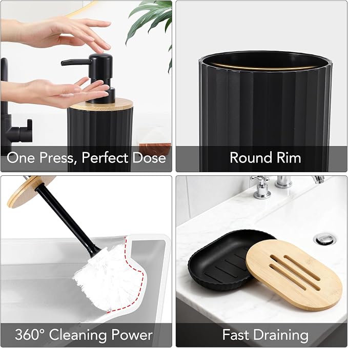 Bathroom Accessory Set, 10 Pieces Bath Set- Wicker Trash Can Tissue Box Soap Dish Toothbrush Holder Rinse Cup Lotion Bottle Toilet Brush Qtip Holder - Practical Bathroom Decor Sets (Rattan Black)
