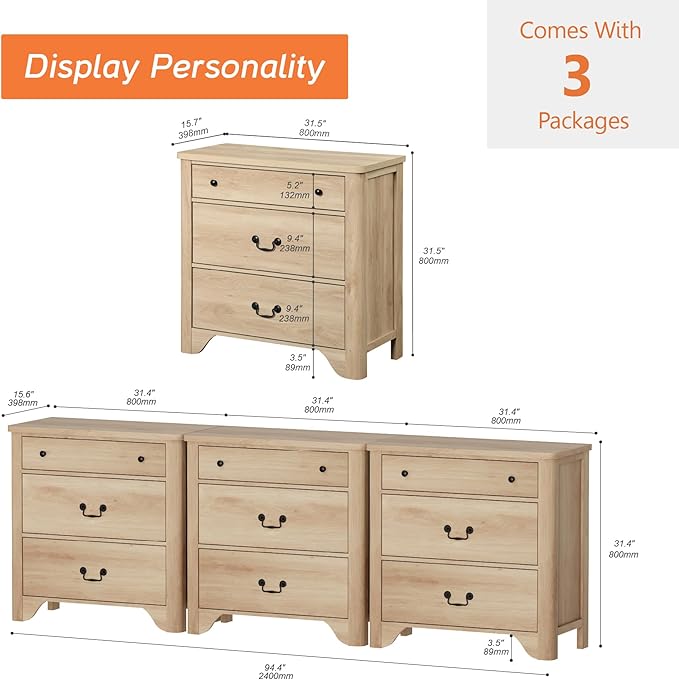 WAMPAT 3 in 1 Large Farmhouse Dresser Set, 94.5” W 9 Drawers Dresser for Bedroom with Wide Chest of Drawers for Bedroom, Living Room, Closet, Hallway, Office,Oak