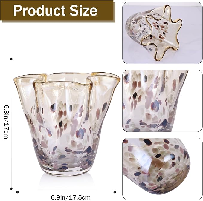 Hand Blown Amber Glass vase, Unique Brown Glass Wide Mouth vase for Console Office TV Stand Coffee Table entryway Entrance Desktop Living Room Table Centerpiece.