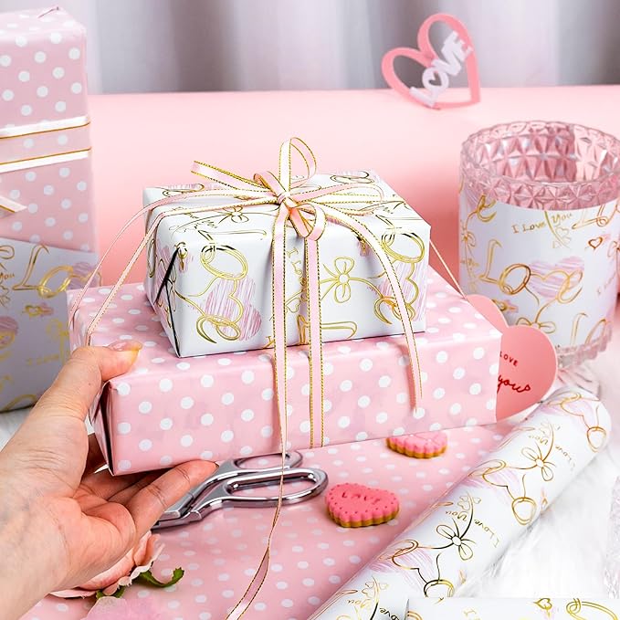 Yarcony Reversible Wedding Wrapping Paper, Heart Themed Gift Wrapping Paper, Creative Love & Bow Print Valentine's Day Gift Wrap for Girls, Women Birthday,Mother's Day, Anniversary(17 Inch X 33 Feet)
