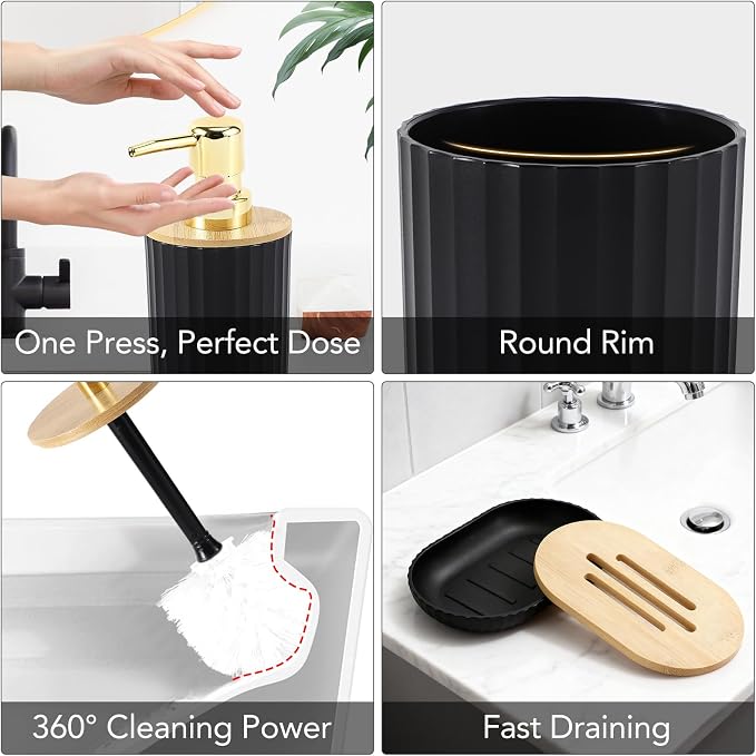 Bathroom Accessory Set, 10 Pieces Bath Set- Wicker Trash Can Tissue Box Soap Dish Toothbrush Holder Rinse Cup Lotion Bottle Toilet Brush Qtip Holder - Practical Bathroom Decor Sets (Black, Bath Set)