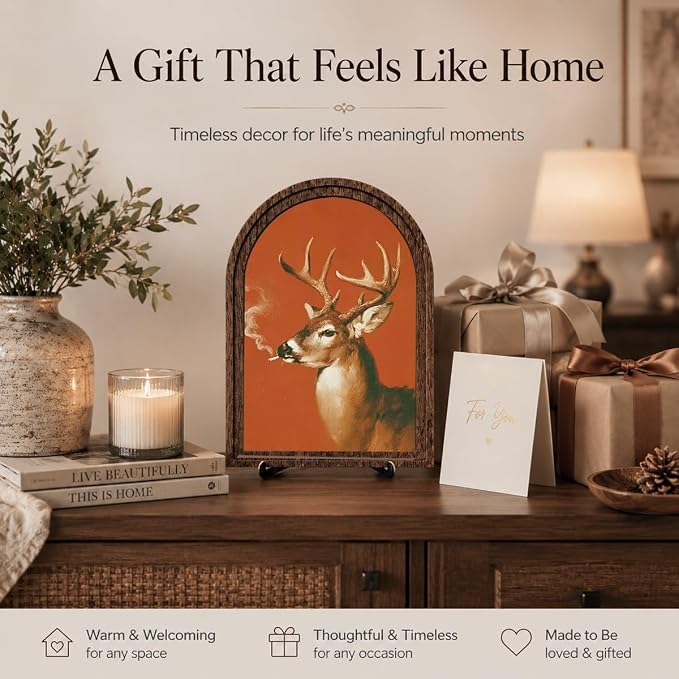 Vintage Deer Art Decor - Arched Wooden Frame with Stand, Retro Whimsical Animal Wall & Tabletop Decor for Living Room, Bedroom, Office, Funny Novelty Home Accent, Unique Housewarming Gift