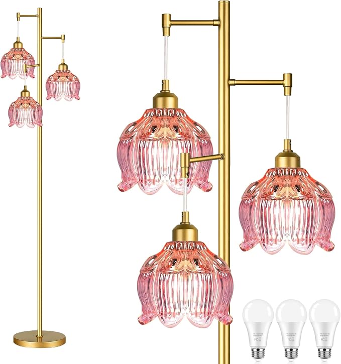 Pink Floor Lamp for Living Room,Bedroom,Gold Mid Century Modern Standing Lamp Brass Tree 3 Light Tall Floor Lamps Retro Floor Lights Glass Flower Lamp Shade Girls Kids Boho Bohemian